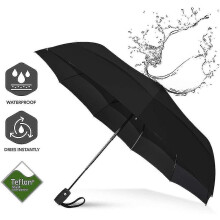 (leather handle black) Repel Umbrella Windproof Travel Umbrella - Wind Resistant, Small - Compact, Light, Automatic, Strong, Mini, Folding And Portable - Backpack, Car, Purs