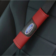2pcs Car Seat Belt Genuine Leather Breathe Shoulder Cushion For Ford Logo Red