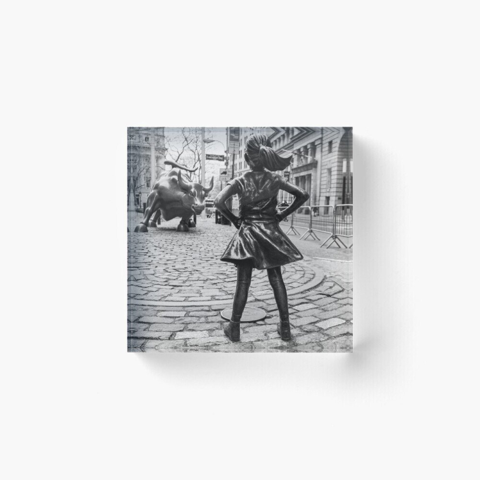 Acrylic Block Fearless Girl And Wall Street Bull Statue Cube Art Prints Gifts 6 x 6 inch