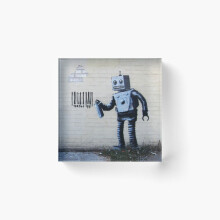 Acrylic Block Banksy graffiti smiling Robot and barcodes Better Out Than In New York City residency on brick wall Cube Art Prints Gifts 6 x 6 inch