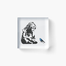 Acrylic Block Girl with Blue Bird - Banksy Graffiti - Hull city centre Cube Art Prints Gifts 6 x 6 inch