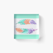 Acrylic Block Colorful Watercolor Feather Painting Cube Art Prints Gifts 6 x 6 inch