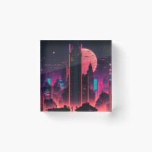 Acrylic Block Synthwave City By Night Cube Art Prints Gifts 6 x 6 inch