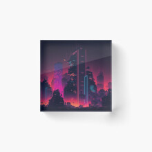 Acrylic Block Cyberpunk City By Night Cube Art Prints Gifts 6 x 6 inch