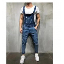 Mens Loose Hole Denim Overalls Youth Workwear Suspenders Skinny Pants