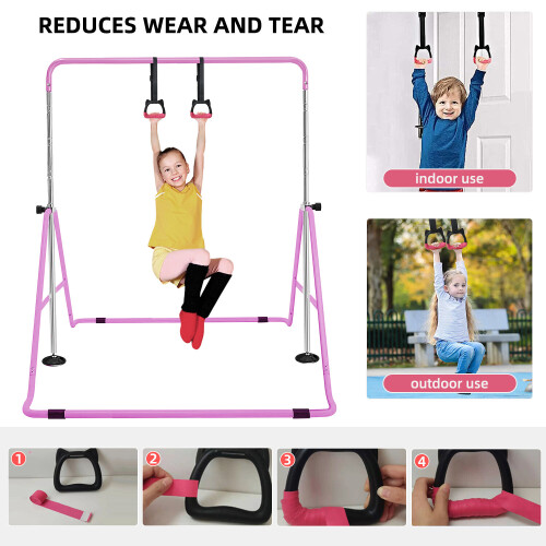(Pink ) Gymnastics Bar, Folding Horizontal Bar With Rings 1