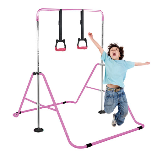 (Pink ) Gymnastics Bar, Folding Horizontal Bar With Rings