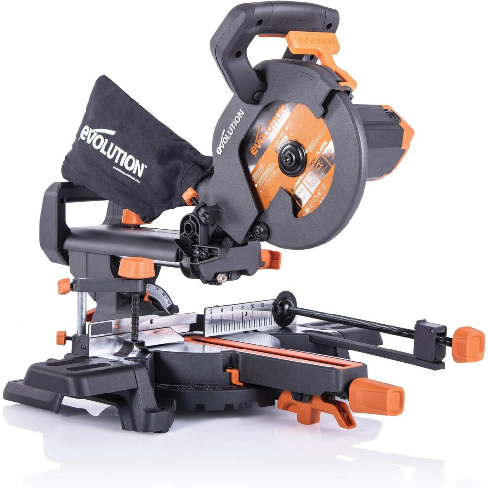 Evolution Power Tools R210SMS+ Sliding Mitre Saw With Multi-Material Cutting, 45 Bevel, 50 Mitre, 230mm Slide, 1500 W, 230 V, Black