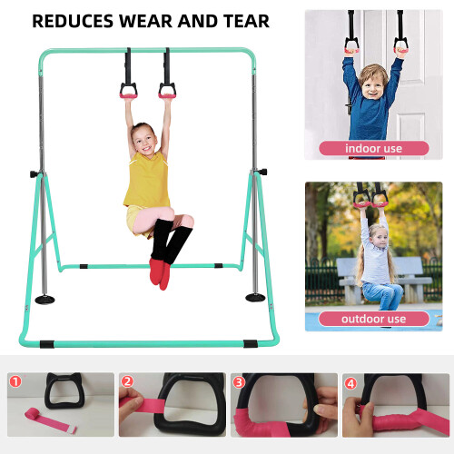 (Green ) Gymnastics Bar, Folding Horizontal Bar With Rings 2