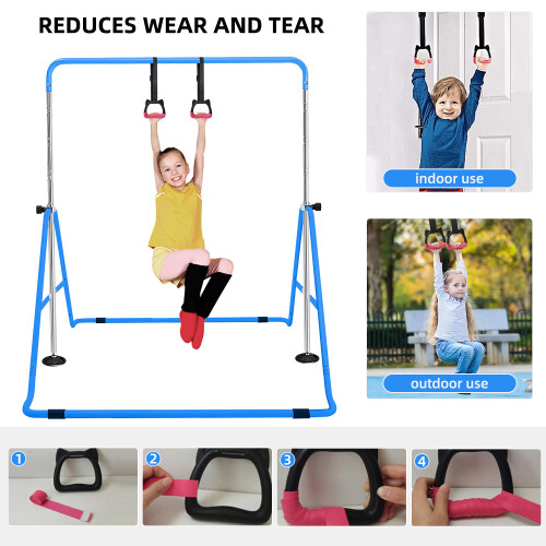 (Blue) Gymnastics Bar, Folding Horizontal Bar With Rings 1