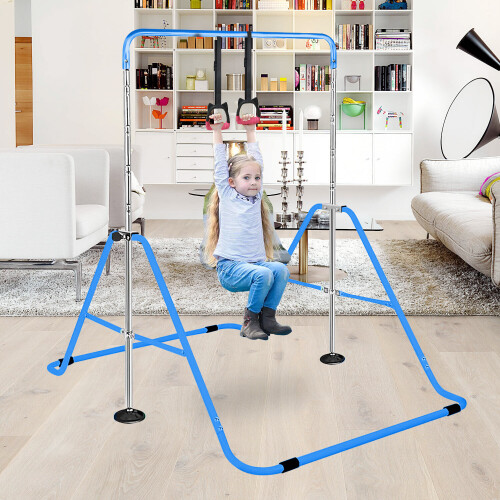 (Blue) Gymnastics Bar, Folding Horizontal Bar With Rings 2