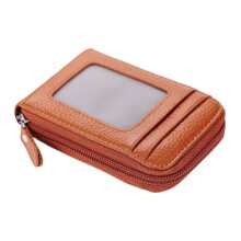 (Coffee) Men Women Genuine Leather Zipper Card Holder Wallet