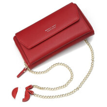 (Red) Cell Phone Pocket Portable Girls Purse Large Capacity Card Holder Female Chain Wallet