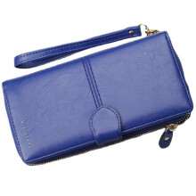 (Blue) Women Faux Leather Large Capacity Fashion Purse Wallet Pure Color Clutch Bag Card Holder