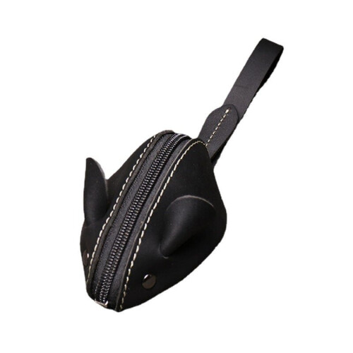 (Black) Genuine Leather Solid Cute Cartoon Mouse Look Multifunction Hand Carry Key Coin Storage Bag