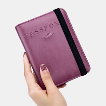 (Purple) Unisex Genuine Leather RFID Multifunction Multi-card Slot Passport Bag Wallet With Elastic Strap