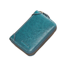 (Blue) Women 12 Card Slots Rfid Genuine Leather Short Zipper Coin Purse Walle