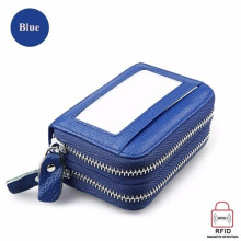 (Blue) Genuine Leather RFID Double Zipper 11 Card Holder Anti Theft Coin Bag Short Purse