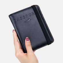 (Black) Unisex Genuine Leather RFID Multifunction Multi-card Slot Passport Bag Wallet With Elastic Strap
