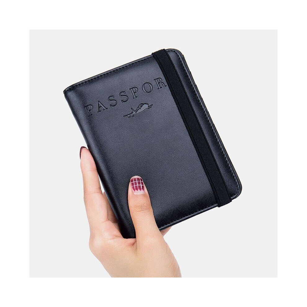 (Black) Unisex Genuine Leather RFID Multifunction Multi-card Slot Passport Bag Wallet With Elastic Strap-image-OPC-PCMJV5S-NEW