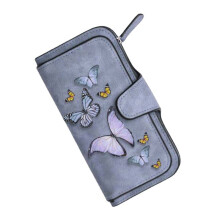 (Blue) Women Butterfly Four Fold Wallet Purse 14 Card Slot 5.5 Inch Phone Bag