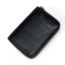 (Black) RFID Men And Women Genuine Leather 12 Card Slot Wallet Short Coin Purse