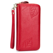 (Red) RFID Genuine Leather 6inch Phone Bag High Capacity Long Wallet Clutch Purse For Women