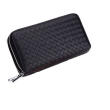 (Black) Men Women Large-capacity Long Wallet RFID Lambskin Genuine Leather Double Zipper Woven Wallet