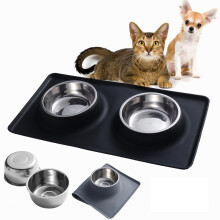 (S) Stainless Steel Pet Dog Cat Bowls Silicone Mat Water Food Feeder Dish Pet Bowl