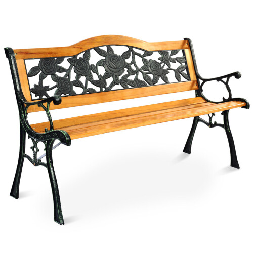 Costway Garden Slats Bench Loveseat Cast Frame Pattern Backrest Weather Proof