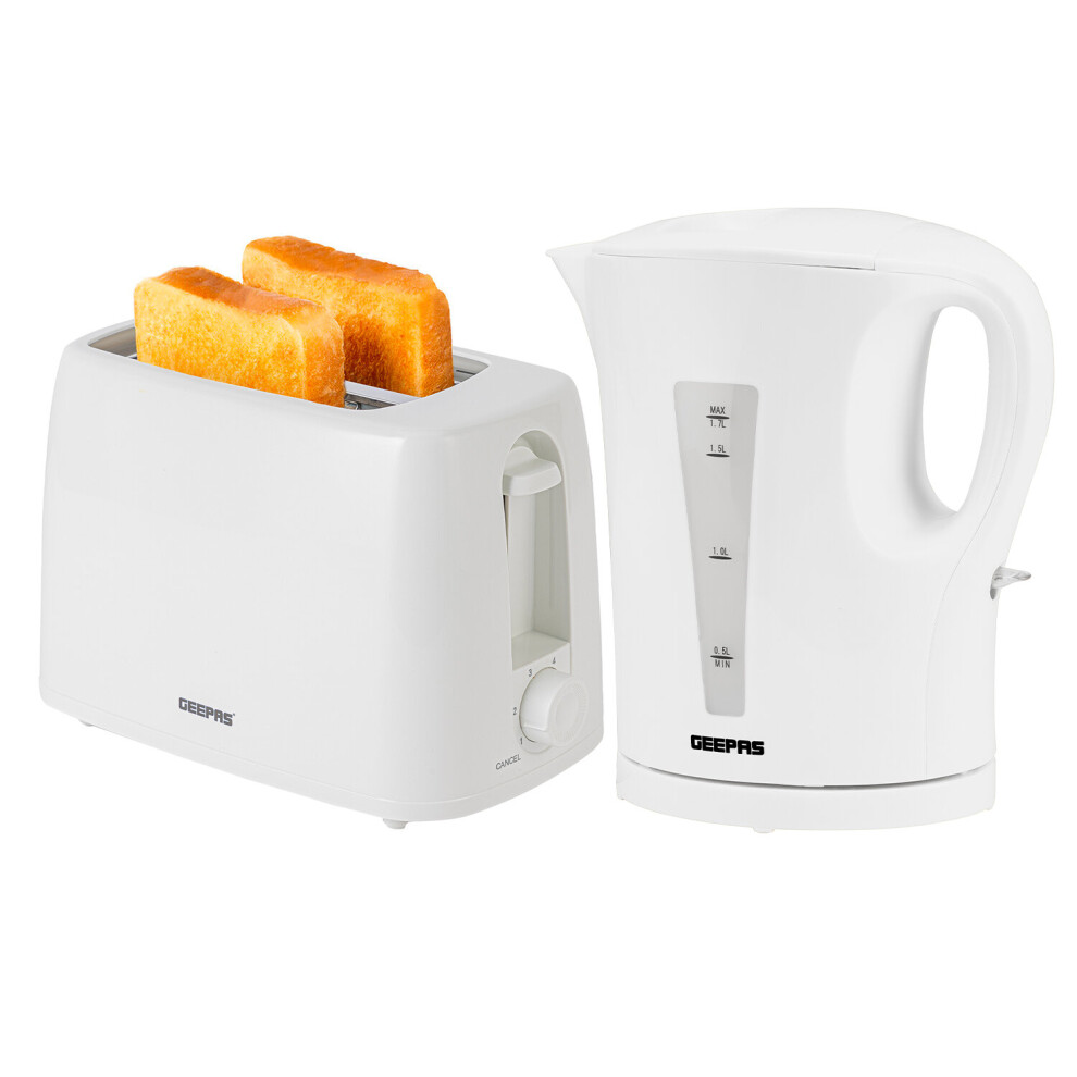 (White) Geepas 1.7L Kettle & Toaster Set 2 Slice Toaster