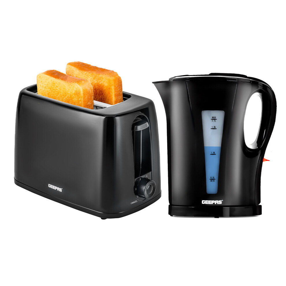 (Black) Geepas 1.7L Kettle & Toaster Set 2 Slice Toaster