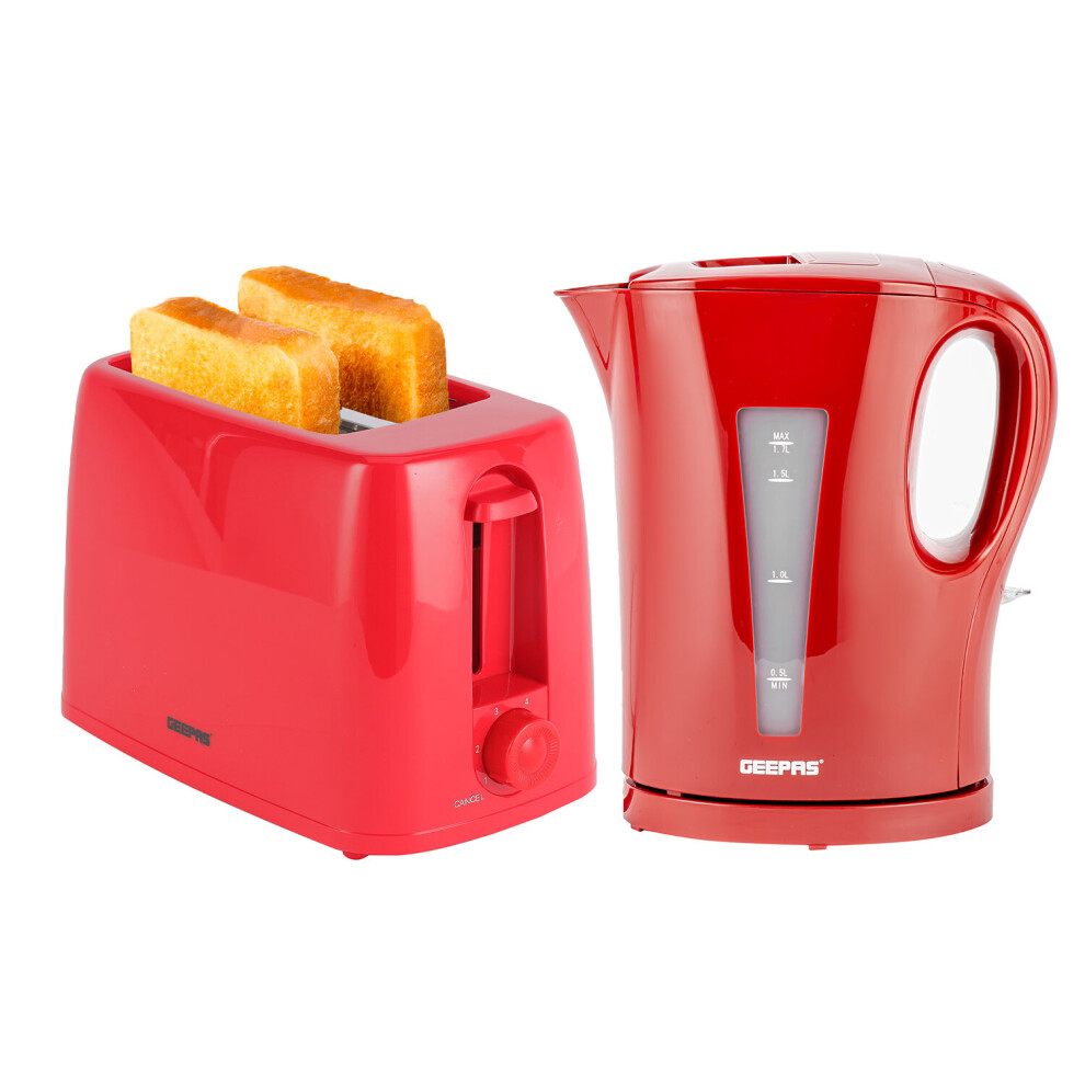 (Red) Geepas 1.7L Kettle & Toaster Set 2 Slice Toaster