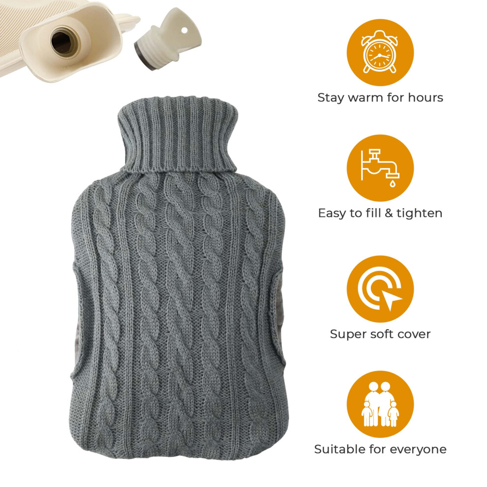 Denny Int Ltd Grey (Grey) Hot Water Bottle With Cover Luxury Soft Fluffy 2L High Quality Rubber Faux Fur