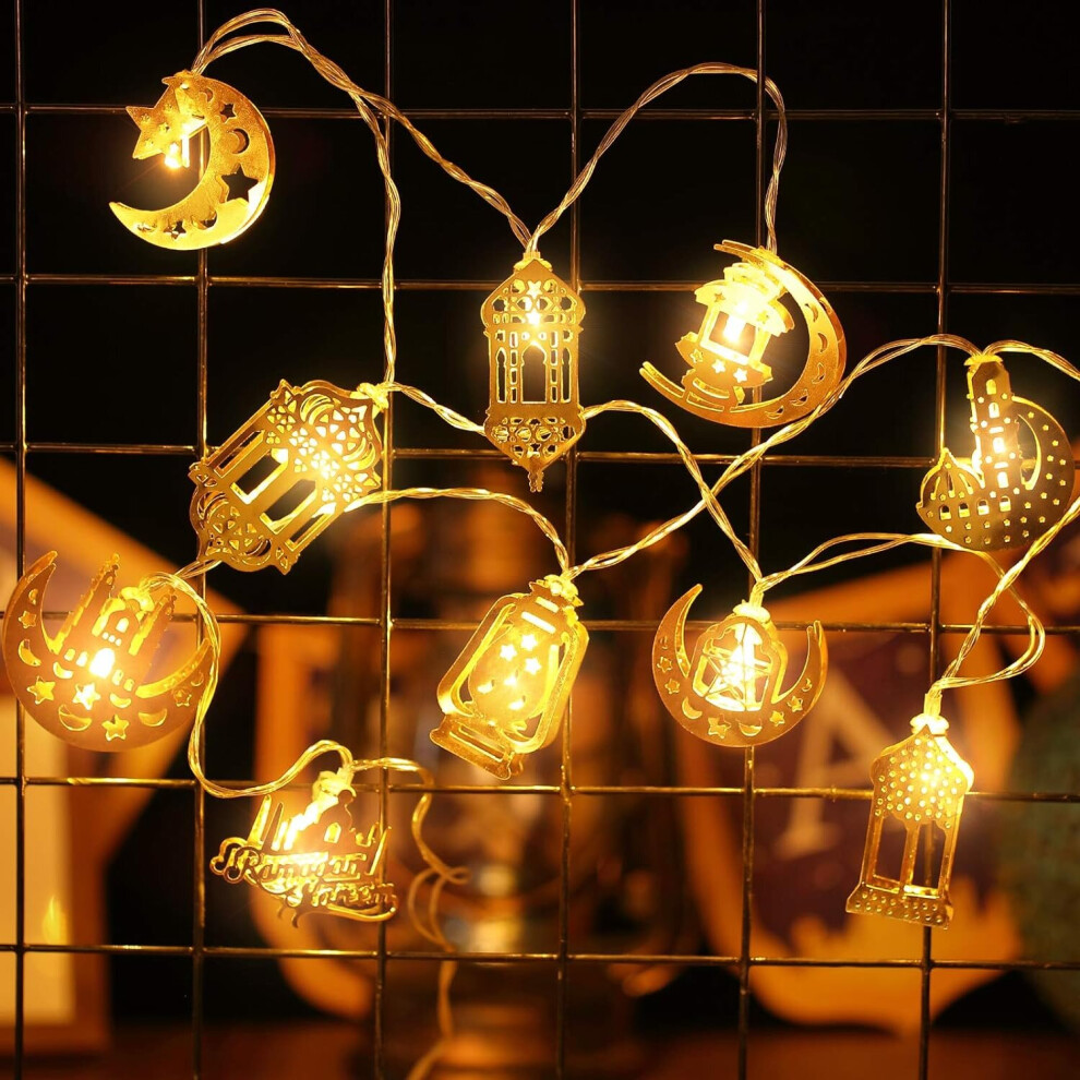 6.56 Feet 10 LED Eid Moon Star Kerosene Lantern Lamp, Battery Operated for Ramadan Party Outdoor Home Decoration (Warm White Color)