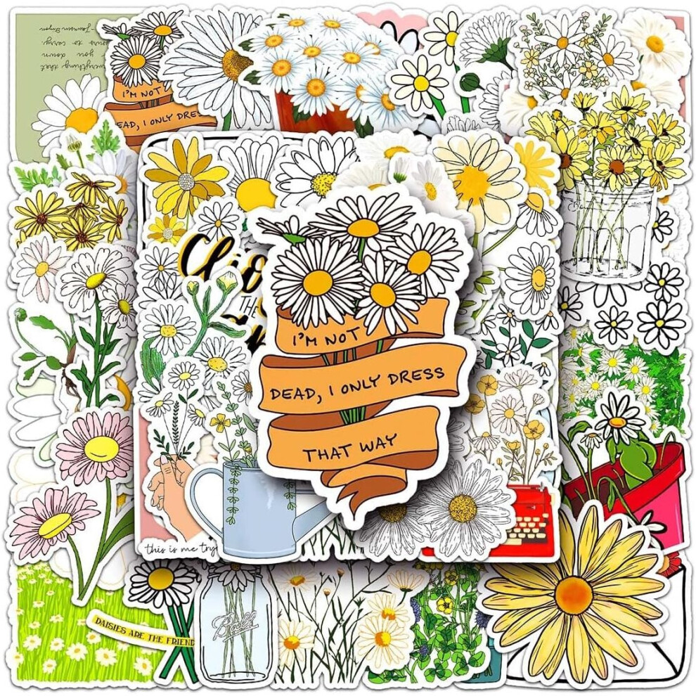 50pcs Daisy Flower Stickers Waterproof Vinyl Stickers Cute Funny Stickers for Laptop Tablet Phone Hydroflasks Water Bottle Bike Luggage Computer