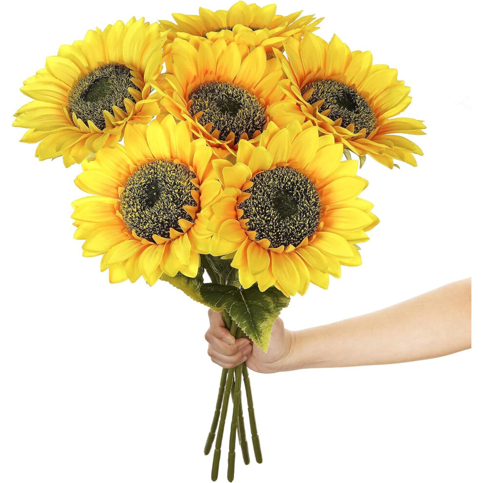 6 Pack Artificial Silk Sunflowers Long Stem Fake Sunflowers Bouquet Large Sunflowers Decor