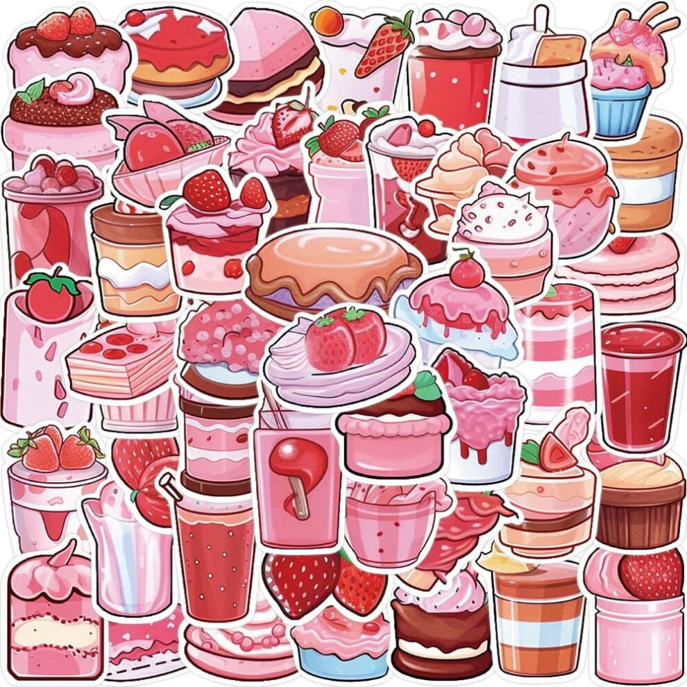 50Pcs Cute Dessert Stickers Pack, Waterproof Vinyl Stickers for Water Bottle,Luggage,Skateboard,Laptop,Computer,Scrapbook, Pink Aesthetic Stickers