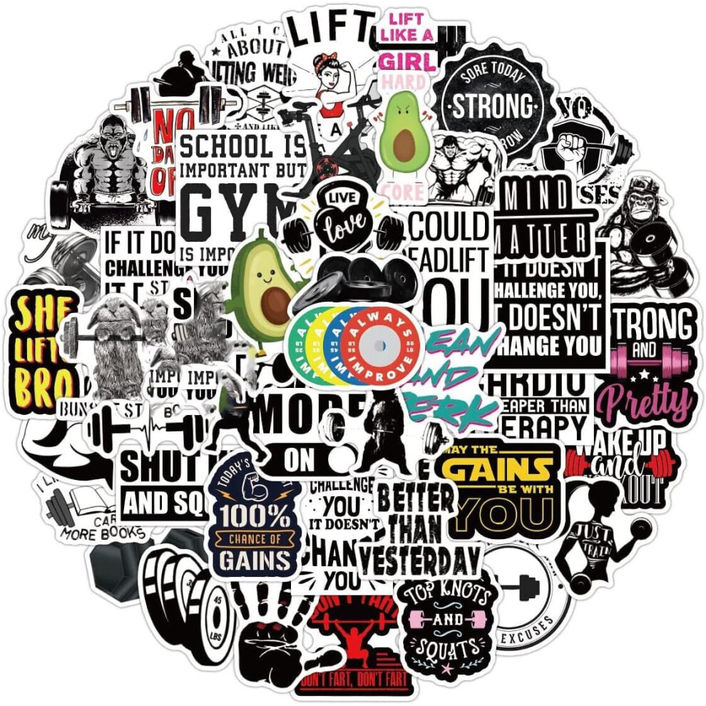 50 Pack Workout Gym Stickers Water Bottle Laptop Phone Guitar Skateboard Love Fitness Vinyl Sticker Waterproof Fashion Decal For Teens Adults