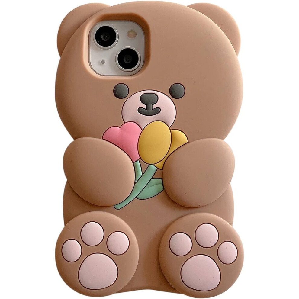 Phone Cases Apply to iPhone 12,Cute Cartoon Bear Phone Case with Flower Teddy Bear Brown Phone Case 3D iPhone 11 Case Soft Silicone Shockproof Cover