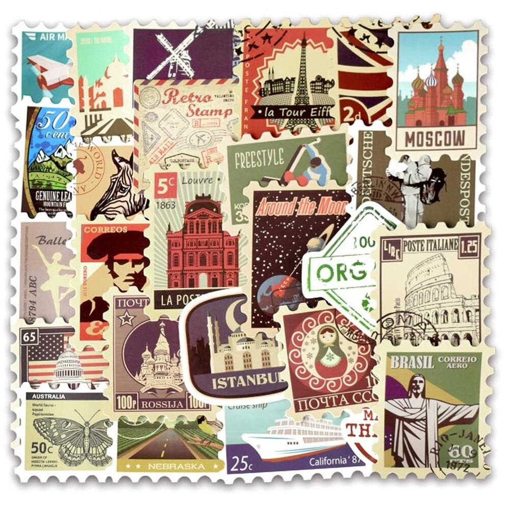Tianci Vinyl Vintage Stamp Stickers Retro Travel Stickers 50 Pcs Suitcase Stamp Sticker Pack Stamp Decals For Suitcase Laptop Car Luggage Water Bottle