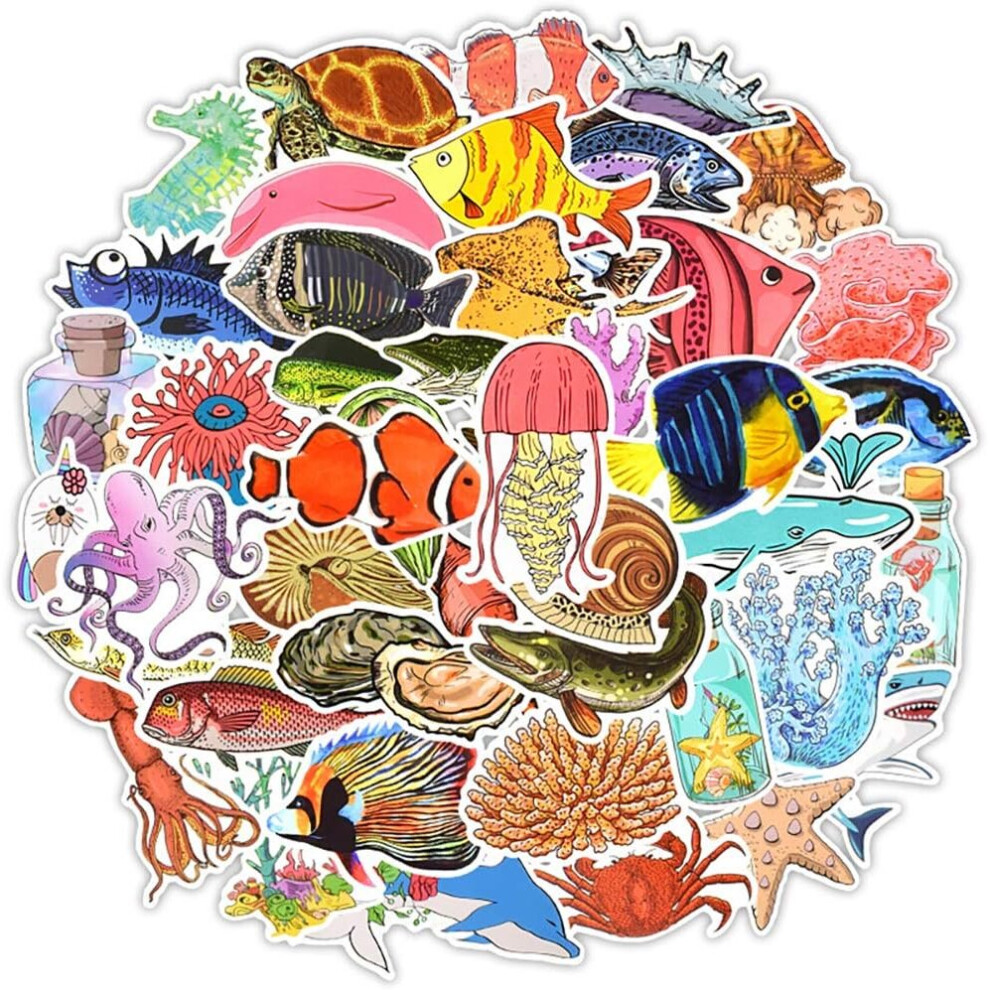 Vinyl Sea World Stickers Laptop Marine Animals Stickers Pack 50 Pcs Sea Marine Decals for Water Bottle Laptops Ipad Cars Luggages