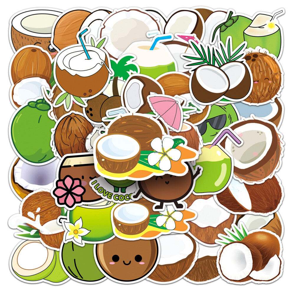 50Pcs Vinyl Beach Stickers for Water Bottle Skateboard Laptop Computer Scrapbook Cars Phone Bicycle Guitar Luggage,Waterproof Cute Coconut Decals