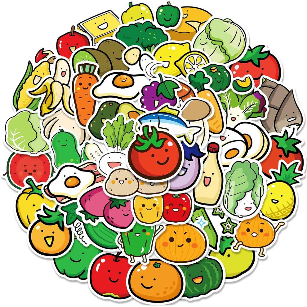Fruit and Vegetable Stickers for Kids 50Pcs Waterproof Vinyl Decals for Water Bottles,Refrigerator Luggage,Computer Mobile Phone,Skateboard Decor
