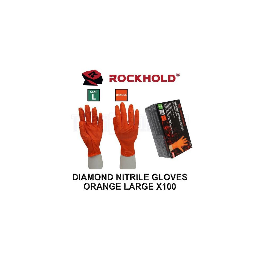 ROCKHOLD Large Nitrile Diamond Grip Gloves Heavy Duty Disposable Latex Free Orange x100