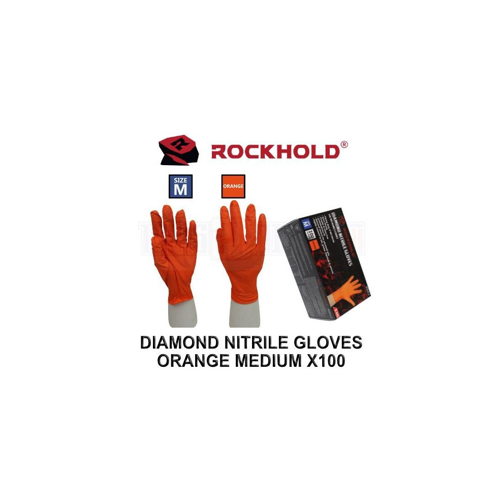 ROCKHOLD Medium Nitrile Diamond Grip Gloves Heavy Duty Disposable Latex Free Orange x100