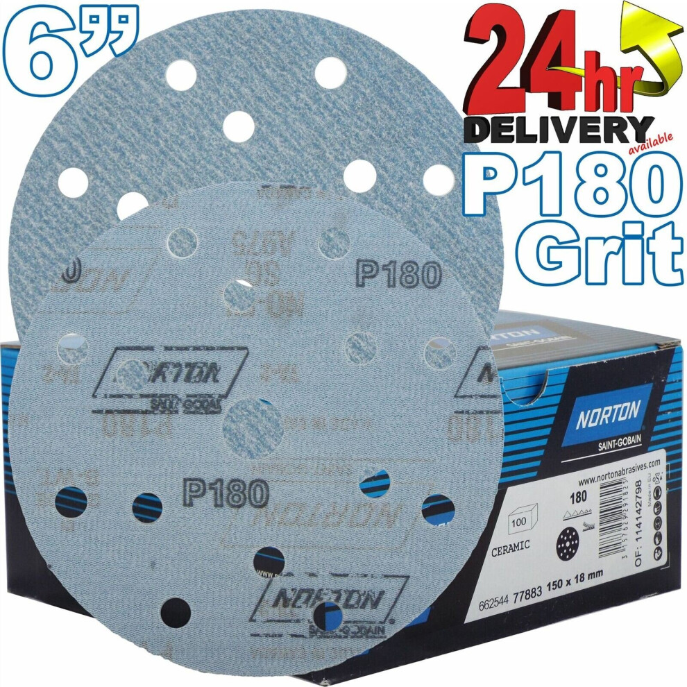 Norton Pro Plus P180 Grit 15 Hole A975 6" 150Mm Abrasive Self Grip Sanding Discs
