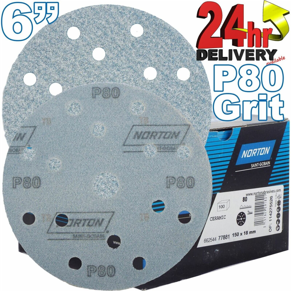 Norton Pro Plus P80 Grit 15 Hole A975 6" 150mm Abrasive Self Grip Sanding Discs