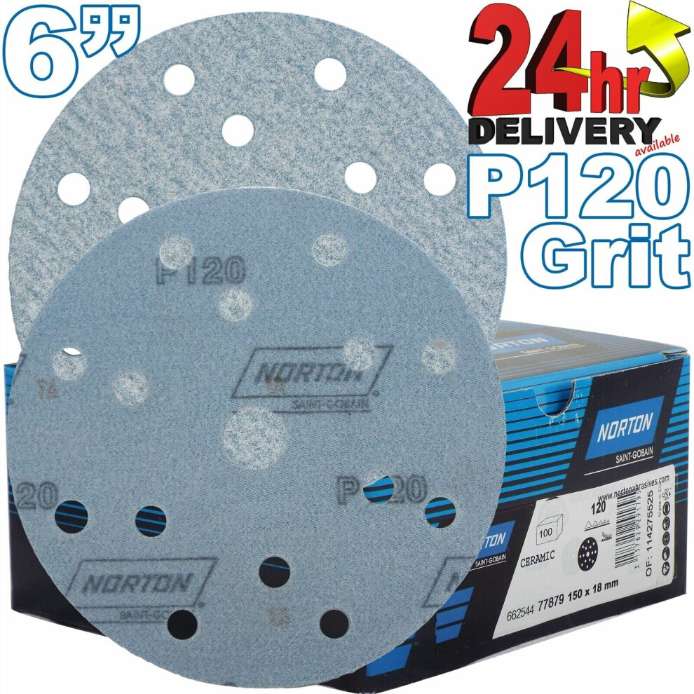 Norton Pro Plus P120 Grit 15 Hole A975 6" 150Mm Abrasive Self Grip Sanding Discs