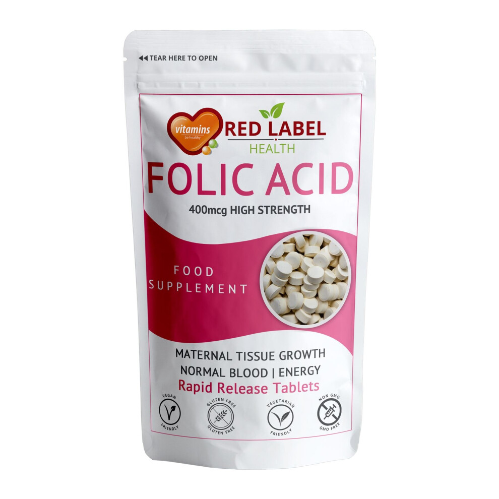 Red Label Health Folic Acid 400Mcg 365 Tablets High Strength Reduce Tiredness Fatigue